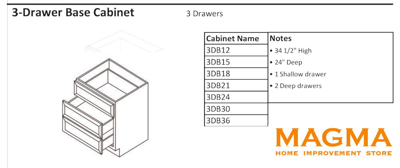 Highland Cabinets3-Drawer Base Cabinet - 3 Drawers - Shaker Kitchen Cabinet 3DB12Onyx Black3-Drawer Base Cabinet - 3 Drawers - Shaker Kitchen Cabinet