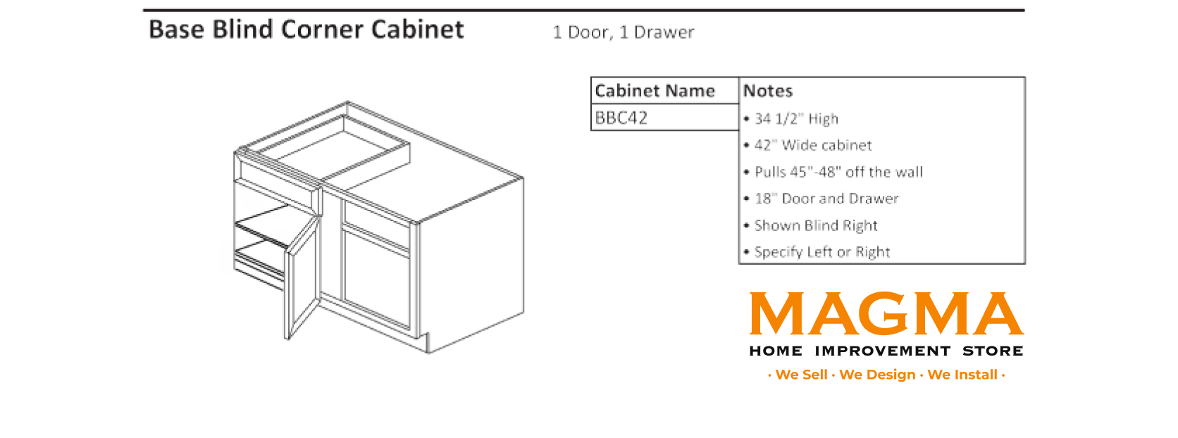 Highland CabinetsBase Blind Corner Cabinet - 1 Door, 1 Drawer - Shaker Kitchen Cabinet WhiteBBC42Base Blind Corner Cabinet - 1 Door, 1 Drawer - Shaker Kitchen Cabinet