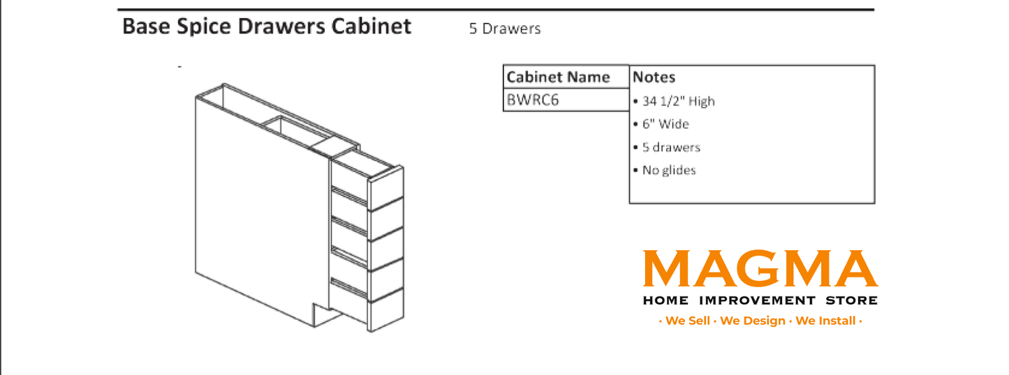 Highland CabinetsBase Spice Drawers Cabinet- 5 Drawers - Shaker Kitchen Cabinet WhiteBWRC6Base Spice Drawers Cabinet- 5 Drawers - Shaker Kitchen Cabinet