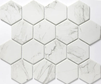 Emser TileEMSER TILE Echo 3" Hex on mesh, Glass Mosaic Calacatta12" X 14"EMSER TILE Echo 3" Hex on mesh, Glass Mosaic