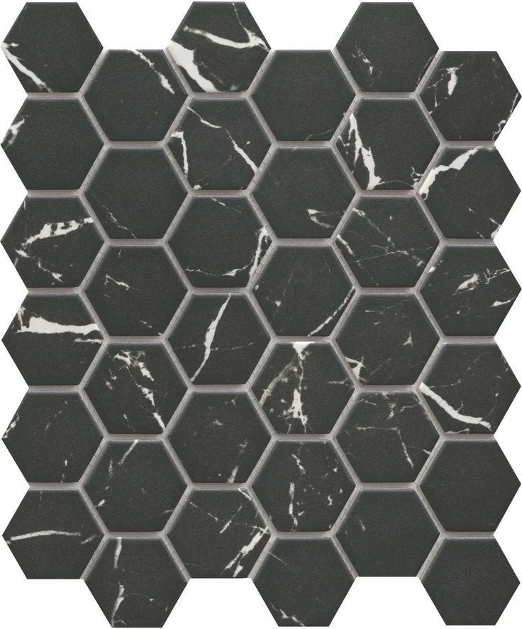 Emser TileEMSER TILE Elegan 2" Hex on mesh, Glazed Porcelain Nero2" HexEMSER TILE Elegan 2" Hex on mesh, Glazed Porcelain