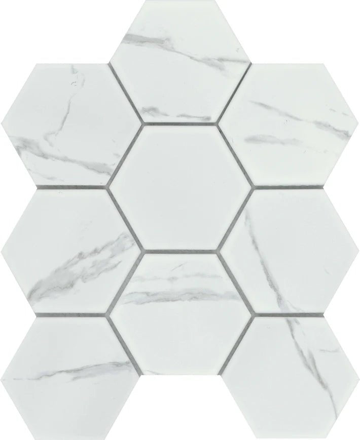 Emser TileEMSER TILE Elegan 4" Hex on mesh, Glazed Porcelain Calacata4" HexEMSER TILE Elegan 4" Hex on mesh, Glazed Porcelain