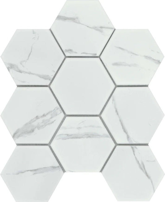 Emser TileEMSER TILE Elegan 4" Hex on mesh, Glazed Porcelain Calacata4" HexEMSER TILE Elegan 4" Hex on mesh, Glazed Porcelain