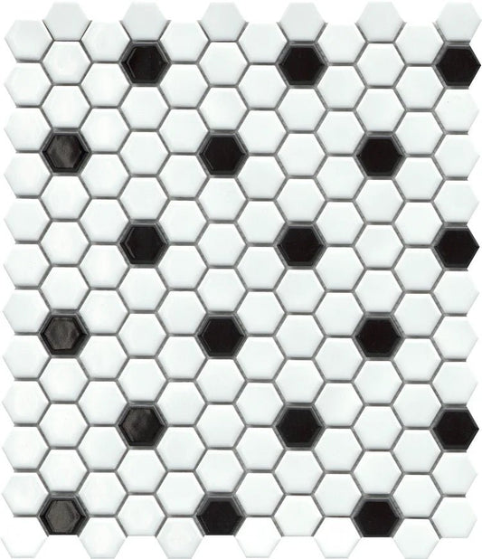 Emser TileEMSER TILE Influence 1" Hex on Mesh, Glazed Porcelain White & Black10" X 12"EMSER TILE Influence 1" Hex on Mesh, Glazed Porcelain