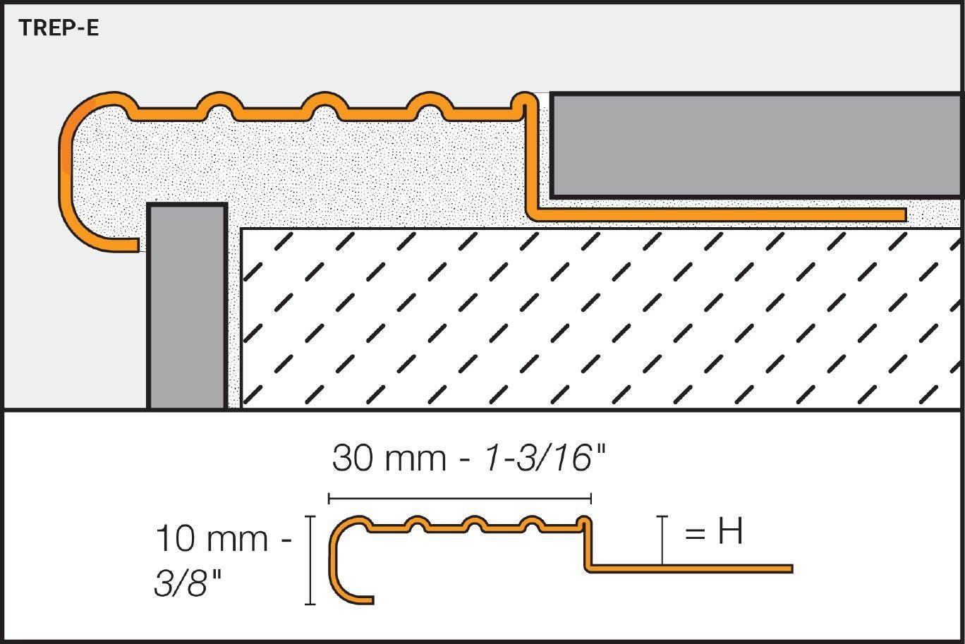 MAGMASCHLUTER SYSTEMS Schluter®-TREP-E/-EK Stair-nosing profile with slip-resistant wear surface stainless steel V2Astainless steel2 mm (3/32")-150 cm (4' 11")SCHLUTER SYSTEMS Schluter®-TREP-E/-EK Stair-nosing profile with slip-resistant wear surface