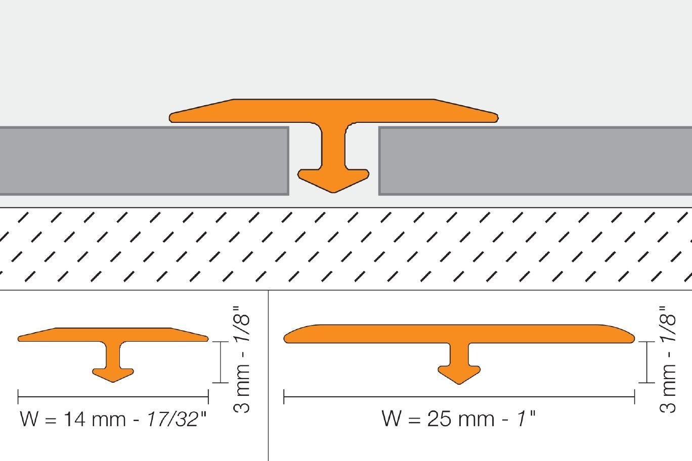 MAGMASCHLUTER SYSTEMS Schluter®-VINPRO-T Retrofit resilient surface floor profile for same-height transitions aluminumbrushed antique bronze anodized14 mm (17/32")SCHLUTER SYSTEMS Schluter®-VINPRO-T Retrofit resilient surface floor profile for same-height transitions