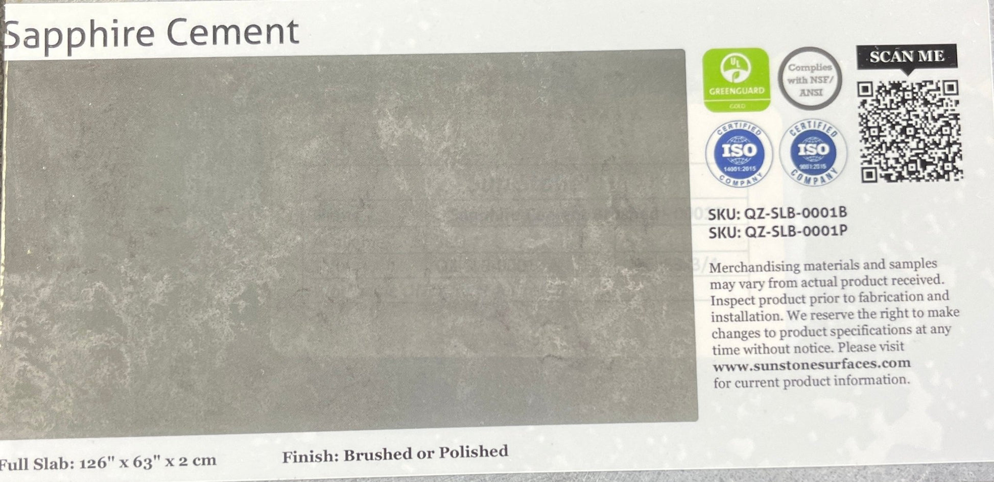 SunstoneSapphire Cement- QZ-SLB-0001B QZ-SLB-0001P 126"x63"Polished2cmSapphire Cement- QZ-SLB-0001B QZ-SLB-0001P