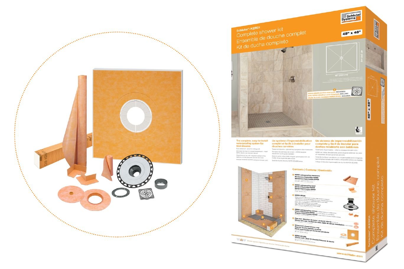 SCHLUTER SYSTEMSSchluter®-KERDI-SHOWER-KIT-FLG Complete shower kit ABS plasticstainless steel38" X 60" (97 X 152)-centerSchluter®-KERDI-SHOWER-KIT-FLG Complete shower kit