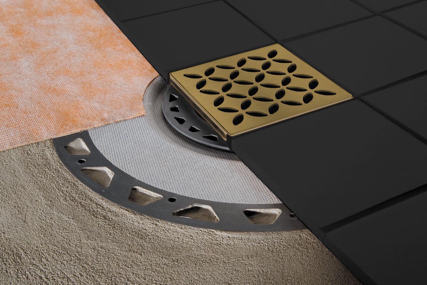 SCHLUTER SYSTEMSSCHLUTER SYSTEMS Schluter®-KERDI-DRAIN Point drain with integrated bonding flange ABS plasticstainless steel50 mm (2")-100 mm (4")-1SCHLUTER SYSTEMS Schluter®-KERDI-DRAIN Point drain with integrated bonding flange