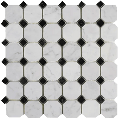 Arizona TileARIZONA TILE Bianco Carrara Bianco CarraraOctagon w/Black Dot MeshHonedARIZONA TILE Bianco Carrara