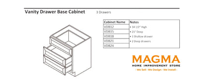 Highland CabinetsVanity Drawer Base Cabinet, 3 Drawers - Shaker Kitchen Cabinet WhiteVDB12Vanity Drawer Base Cabinet, 3 Drawers - Shaker Kitchen Cabinet