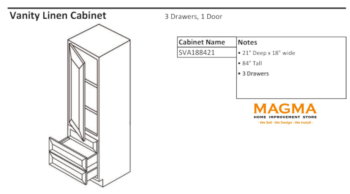 Highland CabinetsVanity Linen Cabinet, 3 Drawers, 1Door - Shaker Kitchen Cabinet WhiteSVA188421Vanity Linen Cabinet, 3 Drawers, 1Door - Shaker Kitchen Cabinet