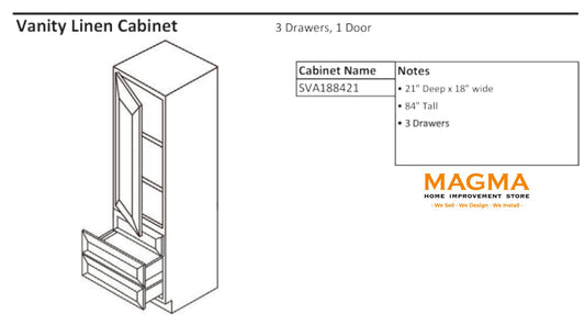 Highland CabinetsVanity Linen Cabinet, 3 Drawers, 1Door - Shaker Kitchen Cabinet WhiteSVA188421Vanity Linen Cabinet, 3 Drawers, 1Door - Shaker Kitchen Cabinet