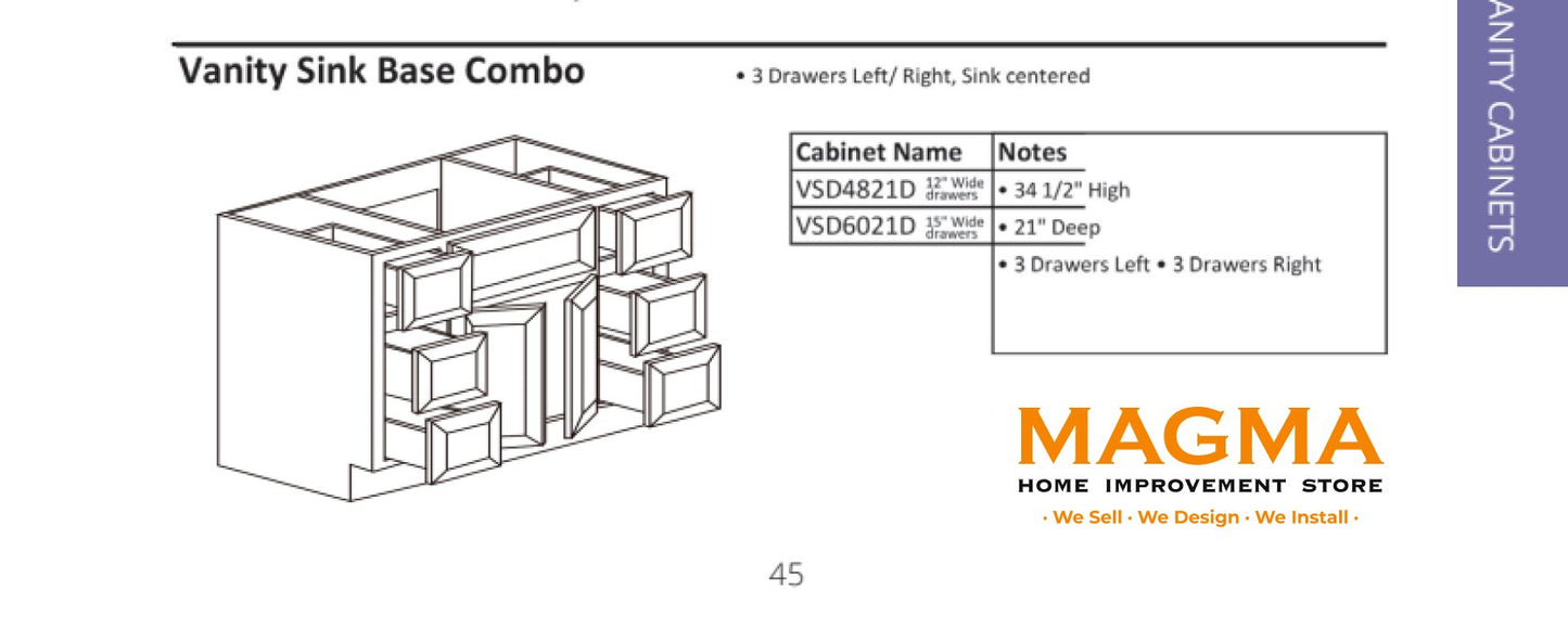 Highland CabinetsVanity Sink Base Combo, 3 Drawers Left/Right, Sink centered - Shaker Kitchen Cabinet WhiteVSD4821DVanity Sink Base Combo, 3 Drawers Left/Right, Sink centered - Shaker Kitchen Cabinet