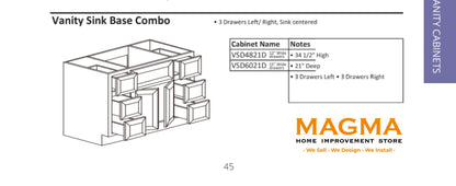 Highland CabinetsVanity Sink Base Combo, 3 Drawers Left/Right, Sink centered - Shaker Kitchen Cabinet WhiteVSD4821DVanity Sink Base Combo, 3 Drawers Left/Right, Sink centered - Shaker Kitchen Cabinet