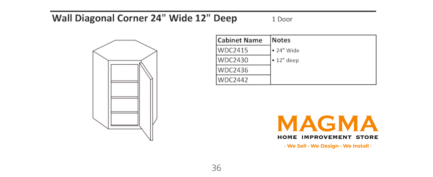 Highland CabinetsWall Diagonal Corner 24" Wide 12" Deep , 1 Door - Shaker Kitchen Cabinet WhiteWDC2415Wall Diagonal Corner 24" Wide 12" Deep , 1 Door - Shaker Kitchen Cabinet