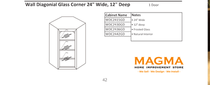 Highland CabinetsWall Diagonial Glass Corner 24" Wide, 12" Deep, 1 Door - Shaker Kitchen Cabinet WhiteWDC2415GDWall Diagonial Glass Corner 24" Wide, 12" Deep, 1 Door - Shaker Kitchen Cabinet