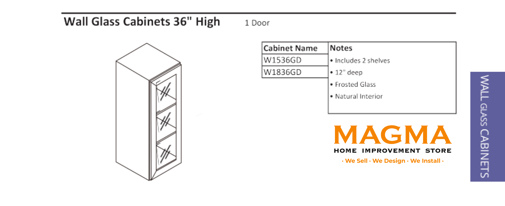 Highland CabinetsWall Glass Cabinets 36" High, 1 Door - Shaker Kitchen Cabinet WhiteW1536GDWall Glass Cabinets 36" High, 1 Door - Shaker Kitchen Cabinet