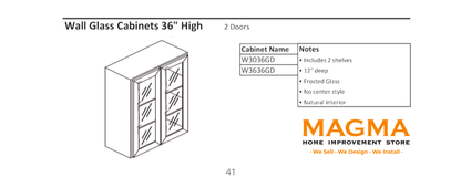 Highland CabinetsWall Glass Cabinets 36" High, 2 Doors - Shaker Kitchen Cabinet WhiteW3036GDWall Glass Cabinets 36" High, 2 Doors - Shaker Kitchen Cabinet